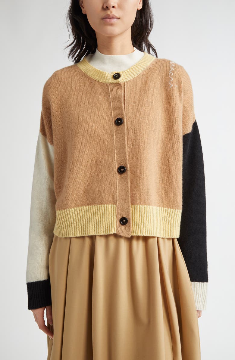 Marni Colorblock Boxy Crop Cashmere Cardigan, Main, color, Tan