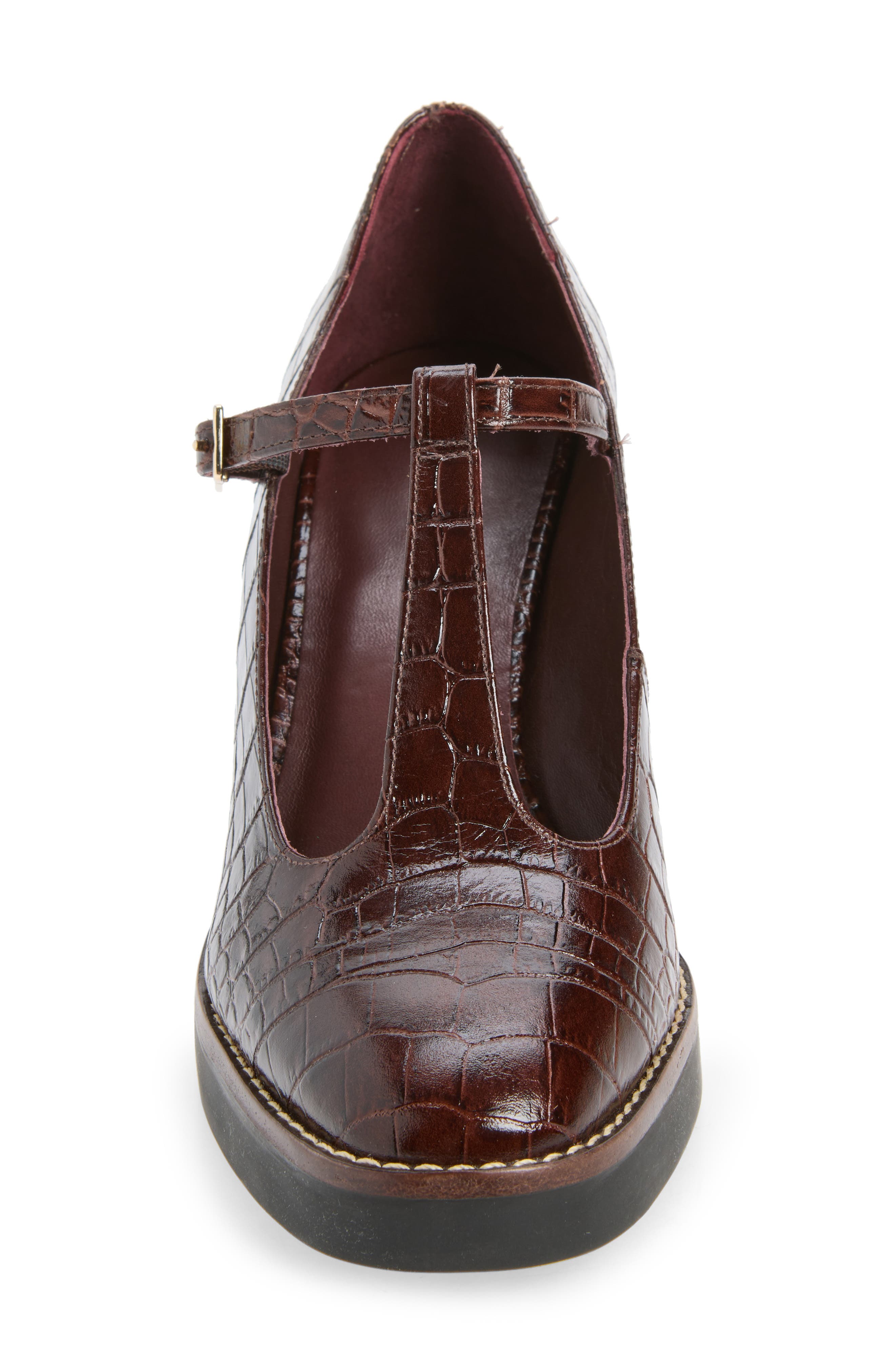 Noto T-Strap Pump, Alternate, color, CHOCOLATE WINE CROCO