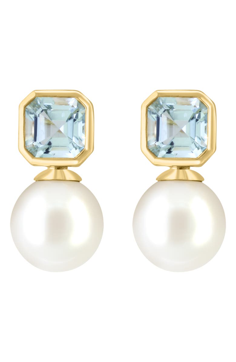 EFFY 14K Yellow Gold Aquamarine & 9mm Freshwater Pearl Stud Earrings, Alternate, color, 