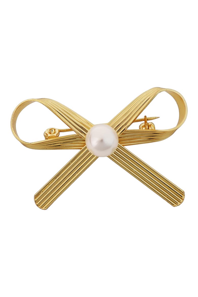 Imitation Pearl Bow Brooch, Main, color, GOLD