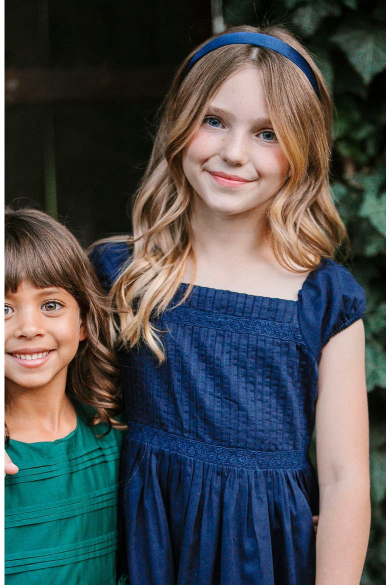 Kids' Organic Puff Sleeve Pintuck Sateen Party Dress, Alternate, color, Navy
