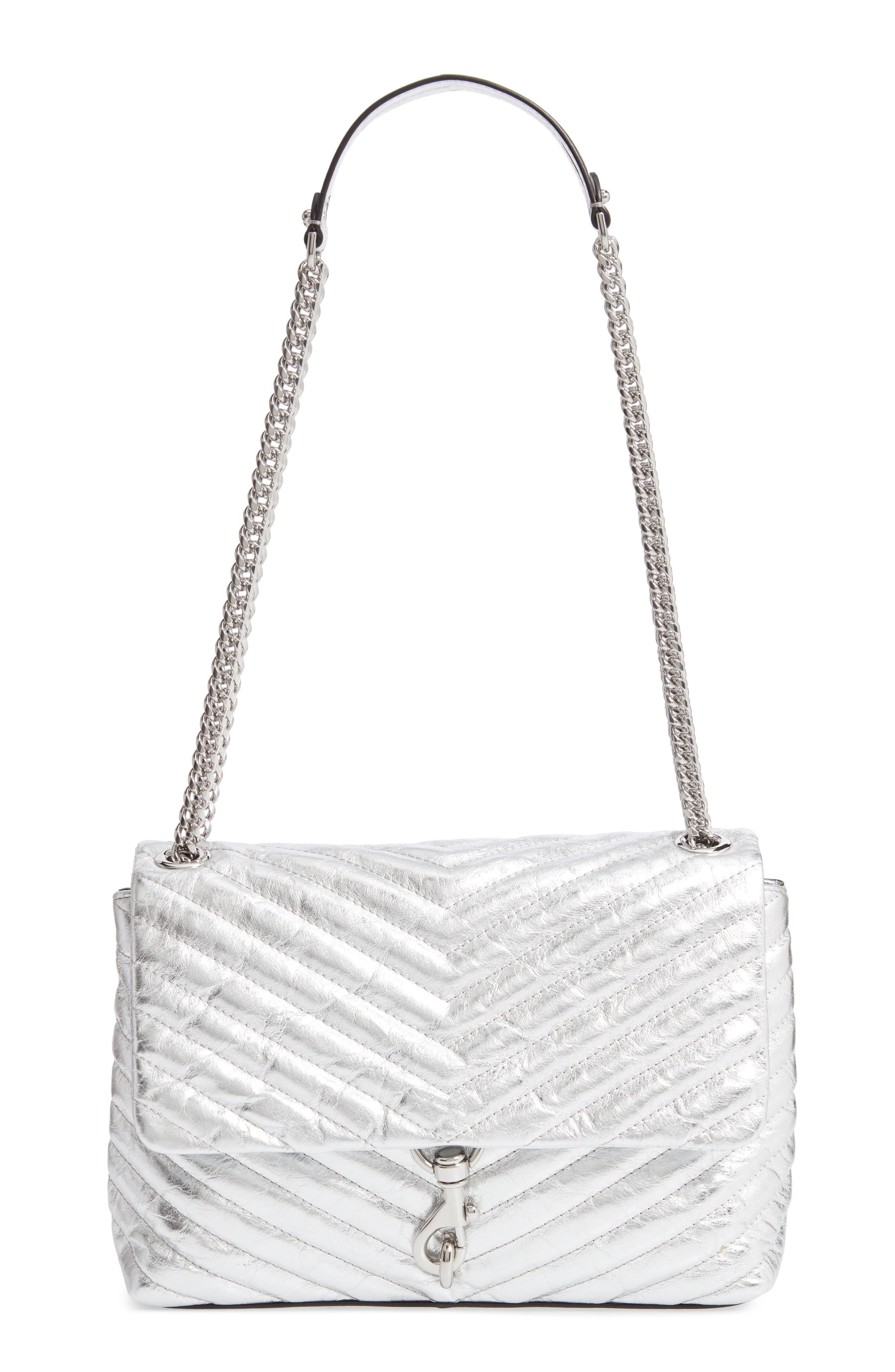 Edie Metallic Leather Shoulder Bag, Main, color, SILVER