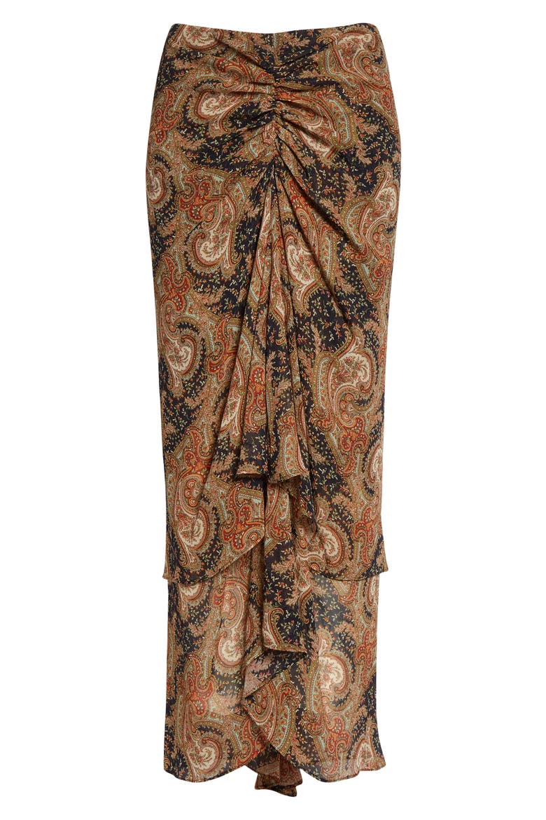 Sira Paisley Print Ruffle Silk High-Low Skirt, Alternate, color, NAVY/ RUST MULTI