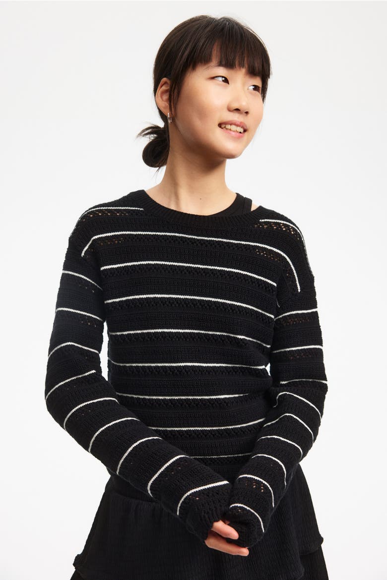 Pointelle-knit Cotton Jumper, Main, color, Black/striped