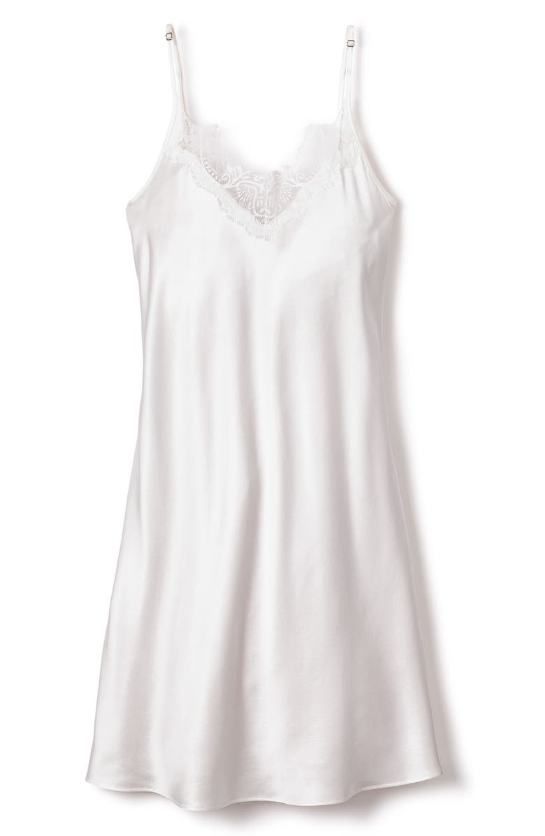 Petite Plume Lace Trim Mulberry Silk Nightgown, Alternate, color, White