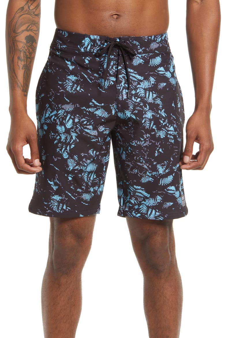 Men's Inaminit Leaf Print Swim Trunks, Main, color, BLACK