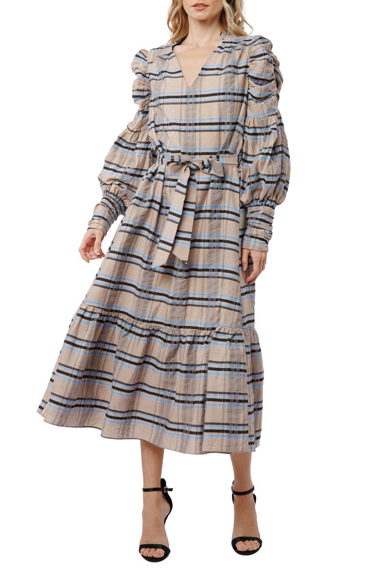 Mariyah Long Sleeve Seersucker Midi Dress, Alternate, color, KHAKI