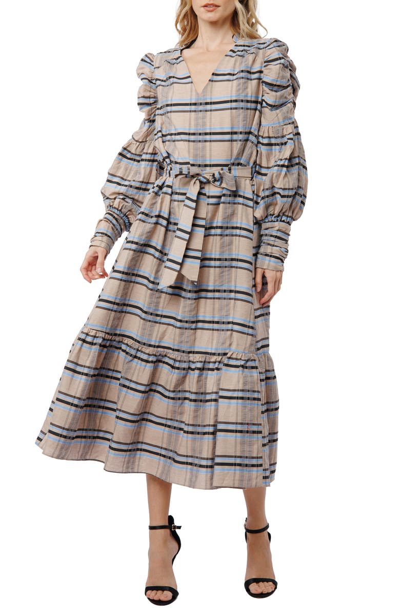 CIEBON Mariyah Long Sleeve Seersucker Midi Dress, Alternate, color, Khaki