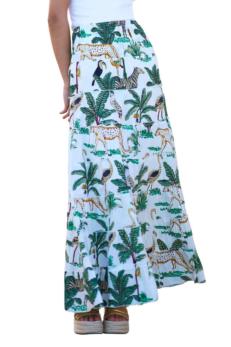 Animal Print Cotton Tiered Maxi Skirt, Main, color, White