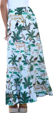 Yumi Animal Print Cotton Tiered Maxi Skirt