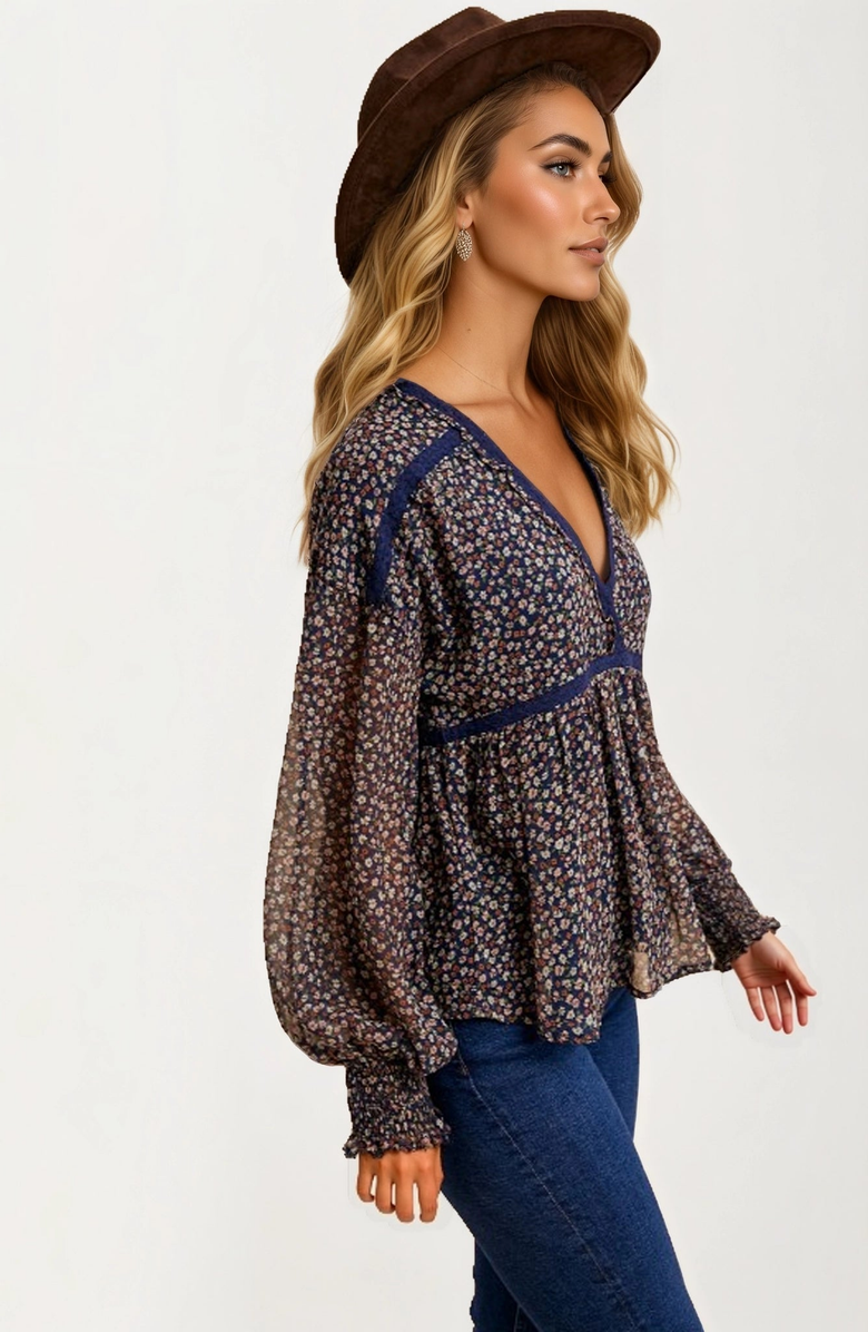 Knit and Lounge Sheer Floral Long Sleeve Blouse with Smocked Cuffs, Alternate, color,