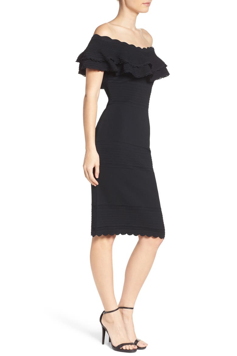 Off the Shoulder Ruffle Sheath Dress, Alternate, color, BLACK