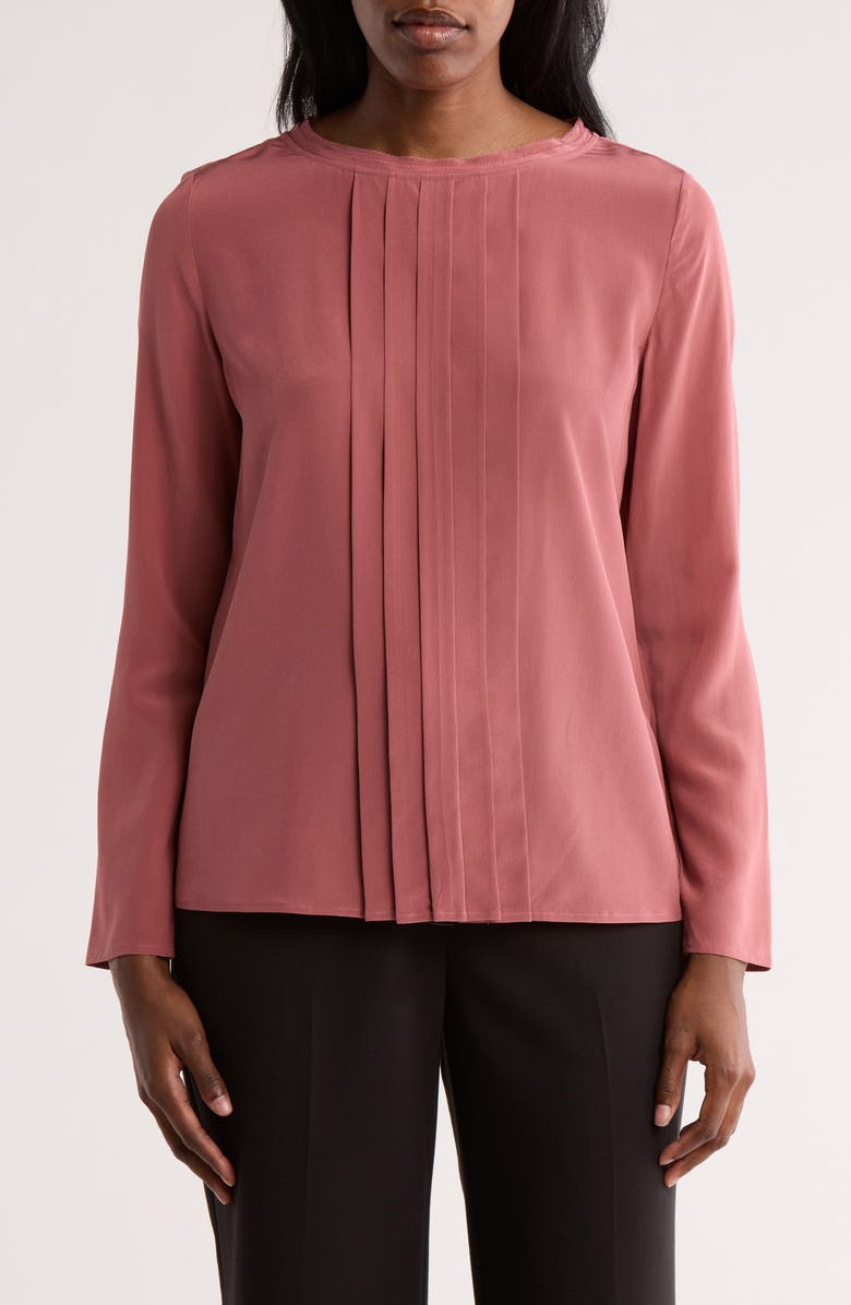 BOSS Bemiu Pleated Long Sleeve Silk Top, Main, color,
