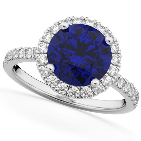 Halo Blue Sapphire & Diamond Engagement Ring 14K