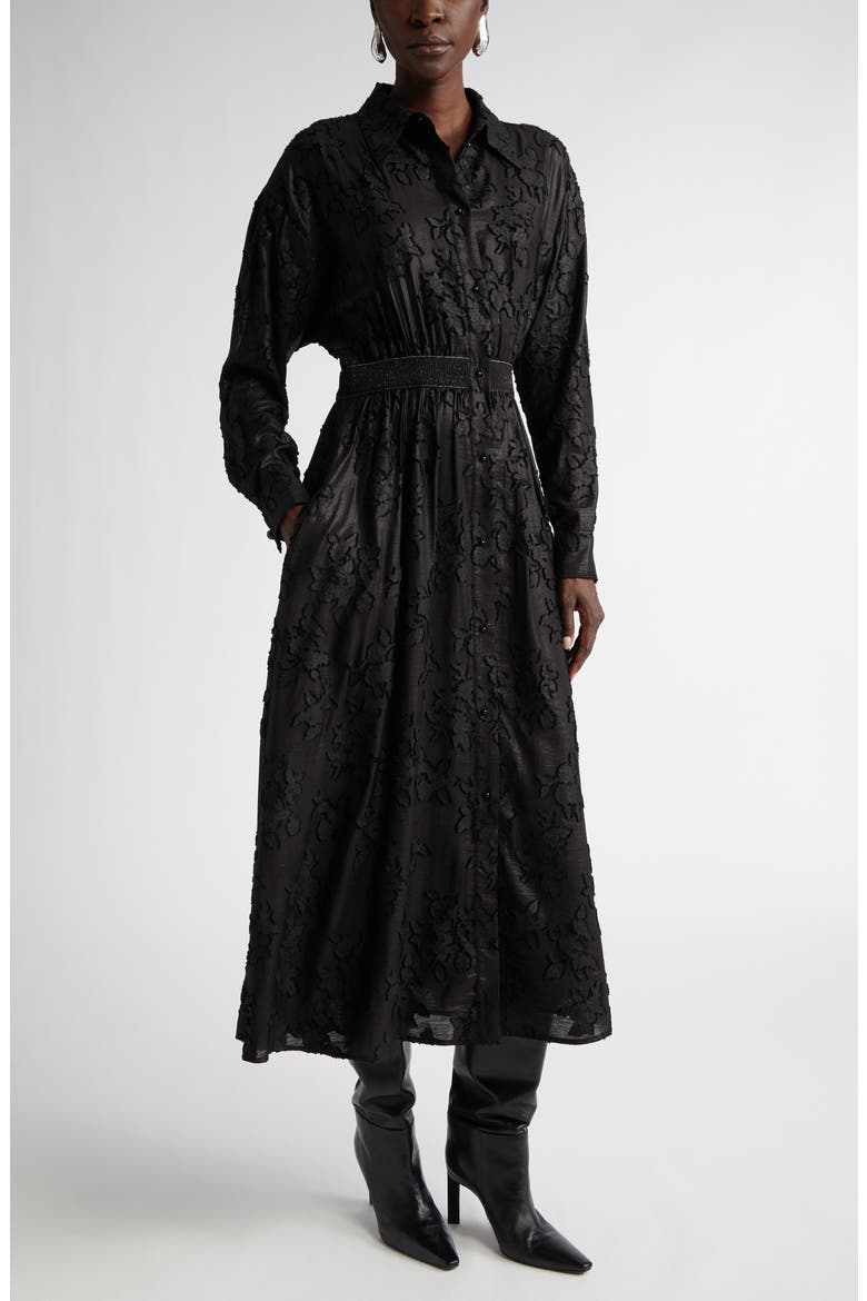 Floral Fil Coupé Long Sleeve Shirtdress, Main, color, BLACK