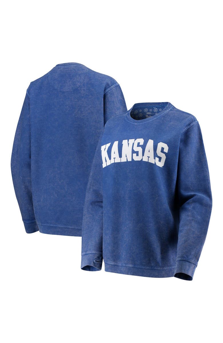 PRESSBOX Women's Pressbox Royal Kansas Jayhawks Comfy Cord Vintage Wash Basic Arch Pullover Sweatshirt, Alternate, color, Royal