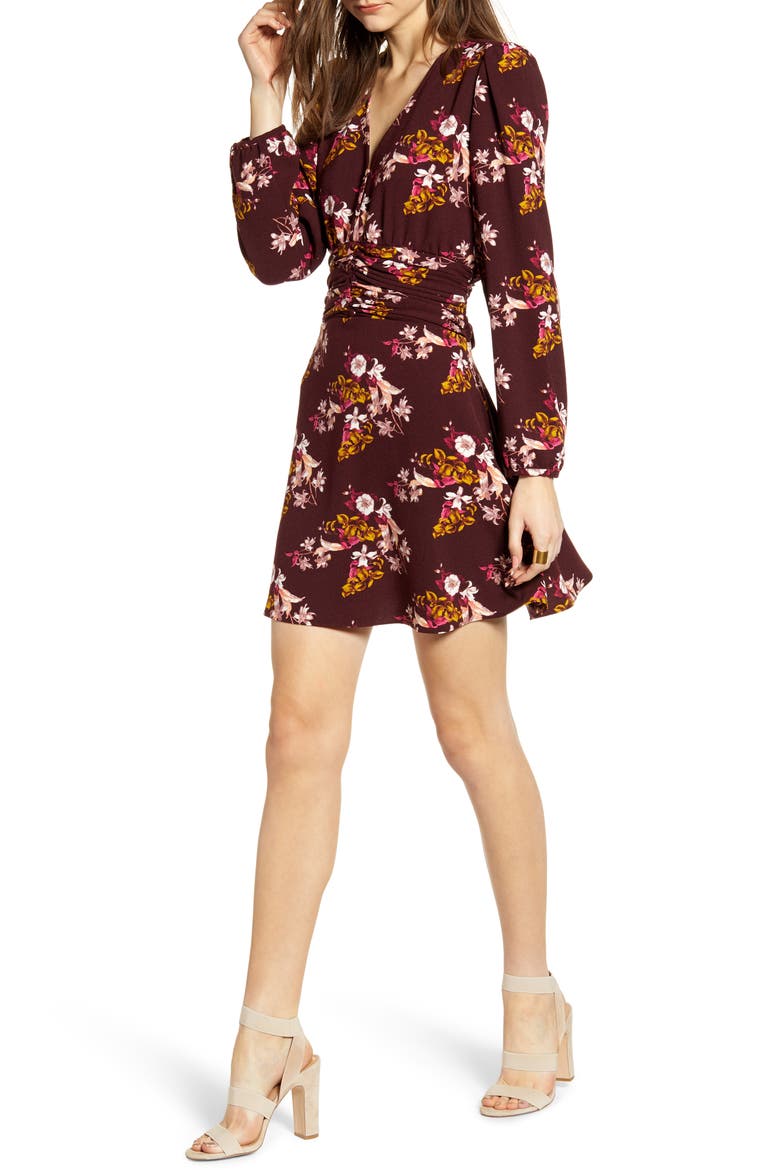 Ruched Waist Minidress, Main, color, BURGUNDY STEM JESSICA FLORAL