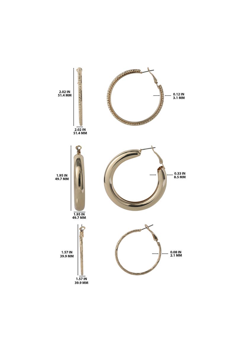 3-Piece Textured Gold-Tone Hoop Earring Set, Alternate, color, Gold