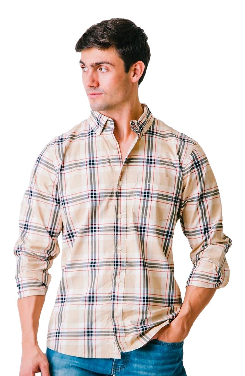 Hope & Henry Men's Organic Stretch Poplin Shirt, Main, color, Classic Tan Plaid