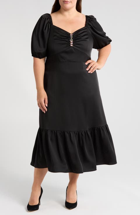 Jewel Accent Puff Sleeve Maxi Dress (Plus)