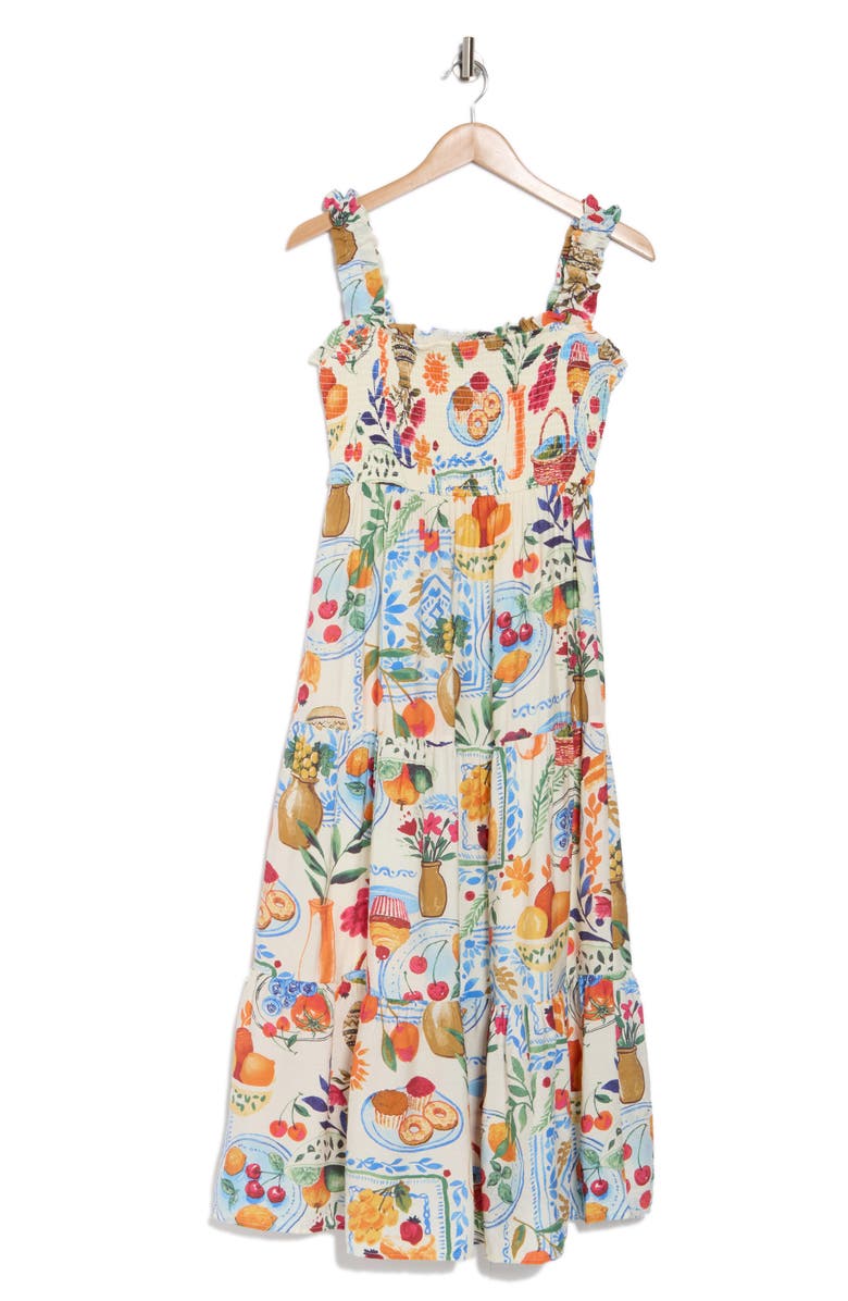 AUGUST SKY Mixed Print Smocked Tiered Midi Dress, Alternate, color, Ivory Multi