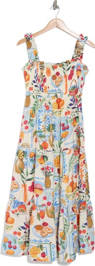 Mixed Print Smocked Tiered Midi Dress