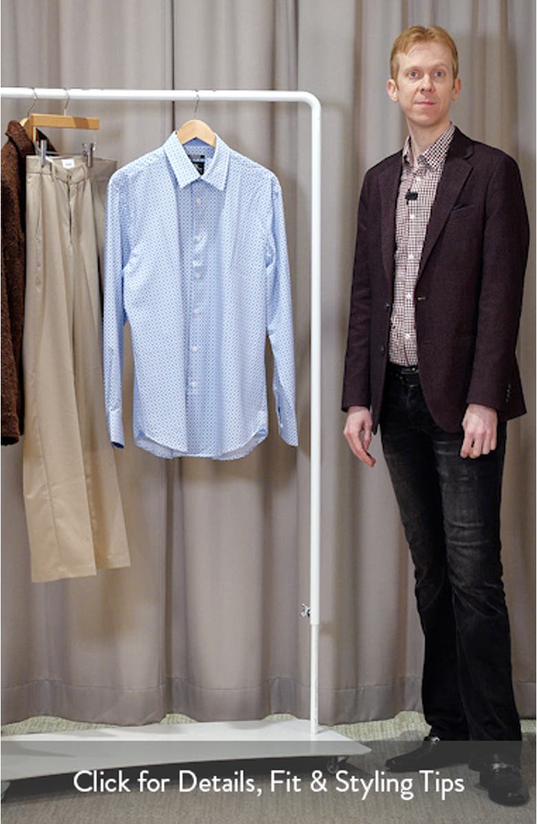 Regular Fit Blue Geometric Print Performance Dress Shirt, sales video thumbnail