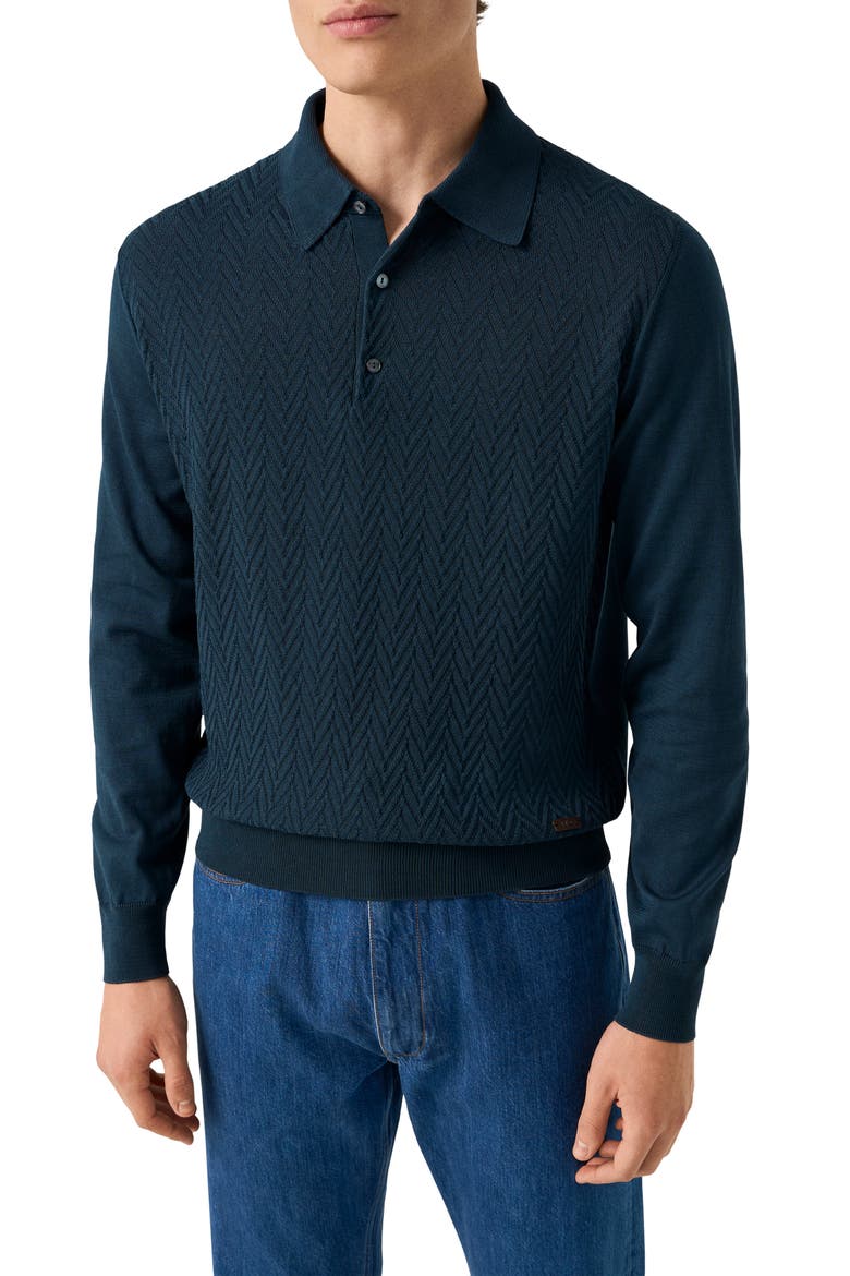 Chevron Structure Long Sleeve Polo, Main, color, MEDIUM BLUE