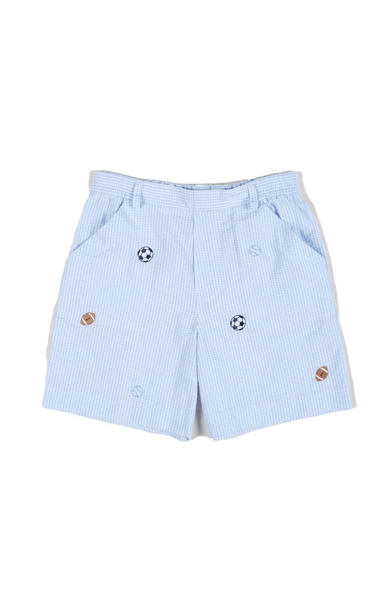 Florence Eiseman Check Seersucker Short with Embroidered Sport Balls, Main, color, Light Blue