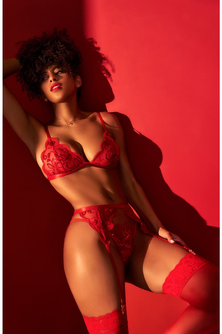 Sequin Mesh Bralette, Thong & Garter Belt Set, Alternate, color, RED