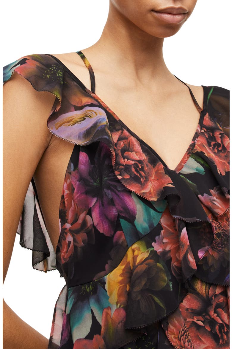 Fali Ahiahi Floral Ruffle Midi Dress, Alternate, color, BLACK