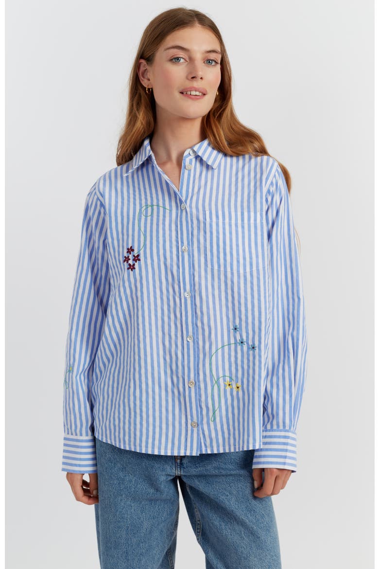 Cotton Oxford Stripe Floral Shirt, Main, color, Blue