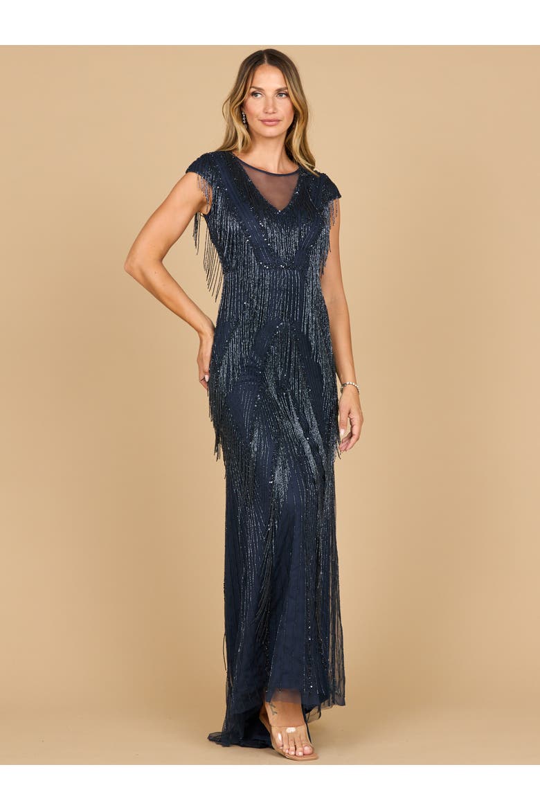 Beaded Fringe V-Neckline Dress with Cap Sleeves, Alternate, color, Navy