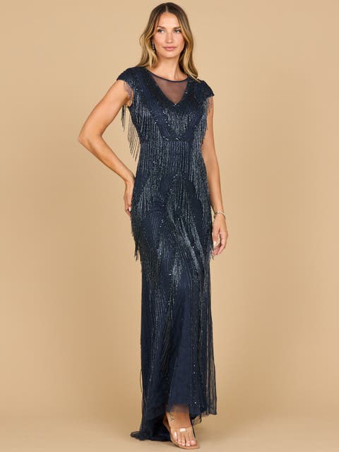 Beaded Fringe V-Neckline Dress with Cap Sleeves