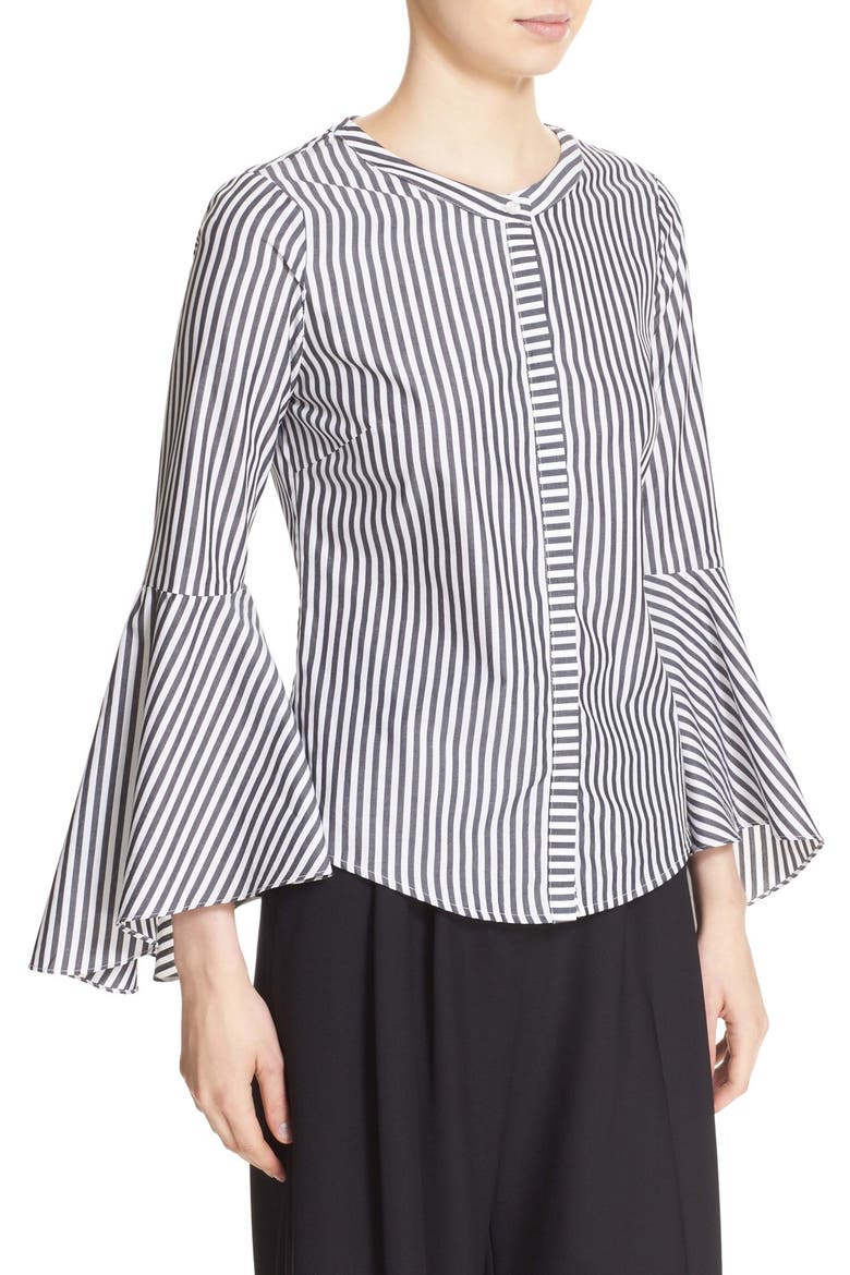 'Ruthie' Stripe Cotton Bell Sleeve Blouse, Alternate, color, BLACK