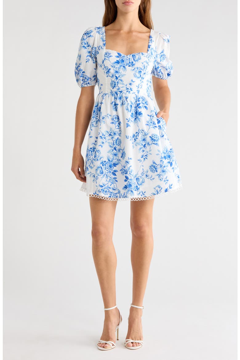 Juba Floral Print Puff Sleeve Dress, Main, color, WHITE-BLUES