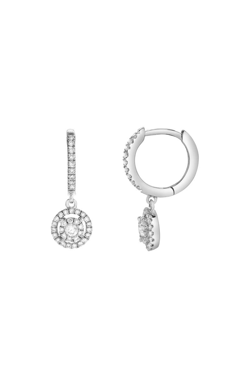 Camellia Pave Round Diamond Drop Huggie Hoop Earrings in 14K Gold, Alternate, color, 14K White Gold
