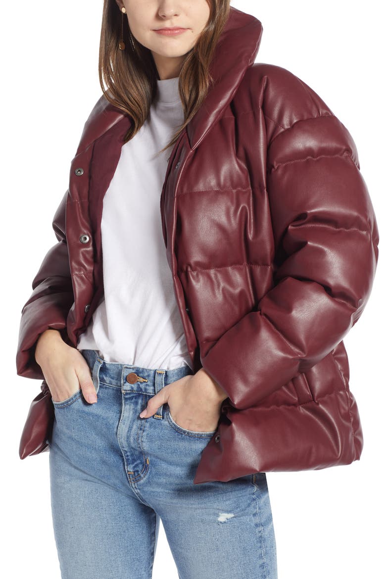 Faux Leather Puffer Coat (Nordstrom Exclusive), Main, color, RED TANNIN