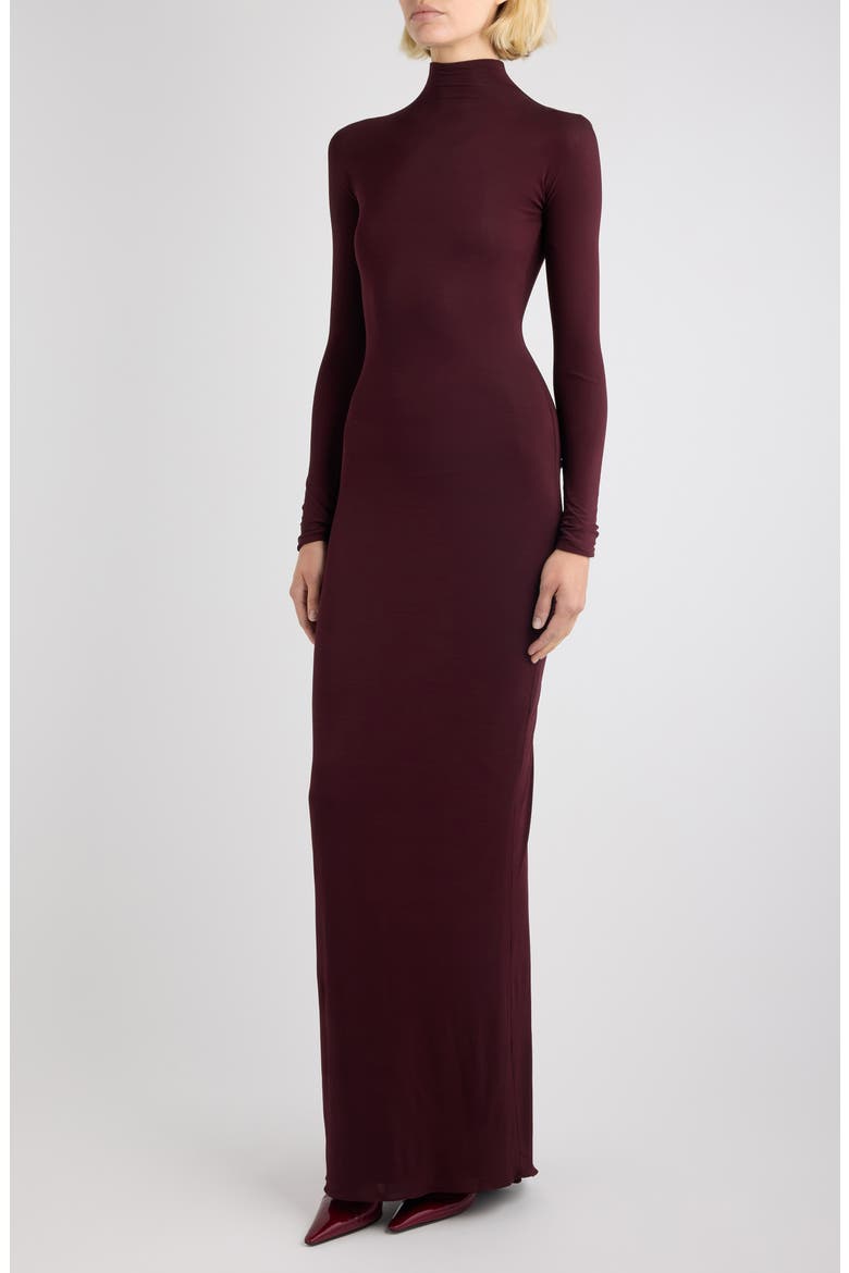 Draped Long Sleeve Funnel Neck Gown, Alternate, color, COGNAC