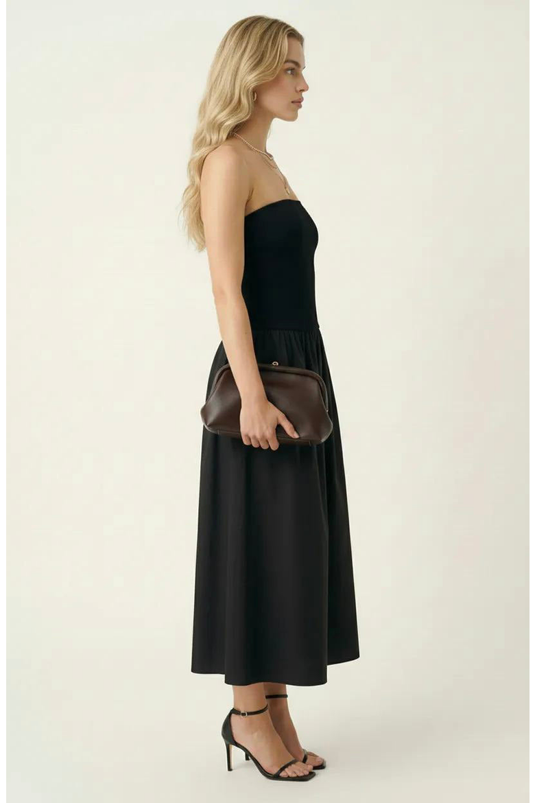 Strapless Smocked Bodice Midi Dress with Flowy Skirt and Pockets, Alternate, color, Black