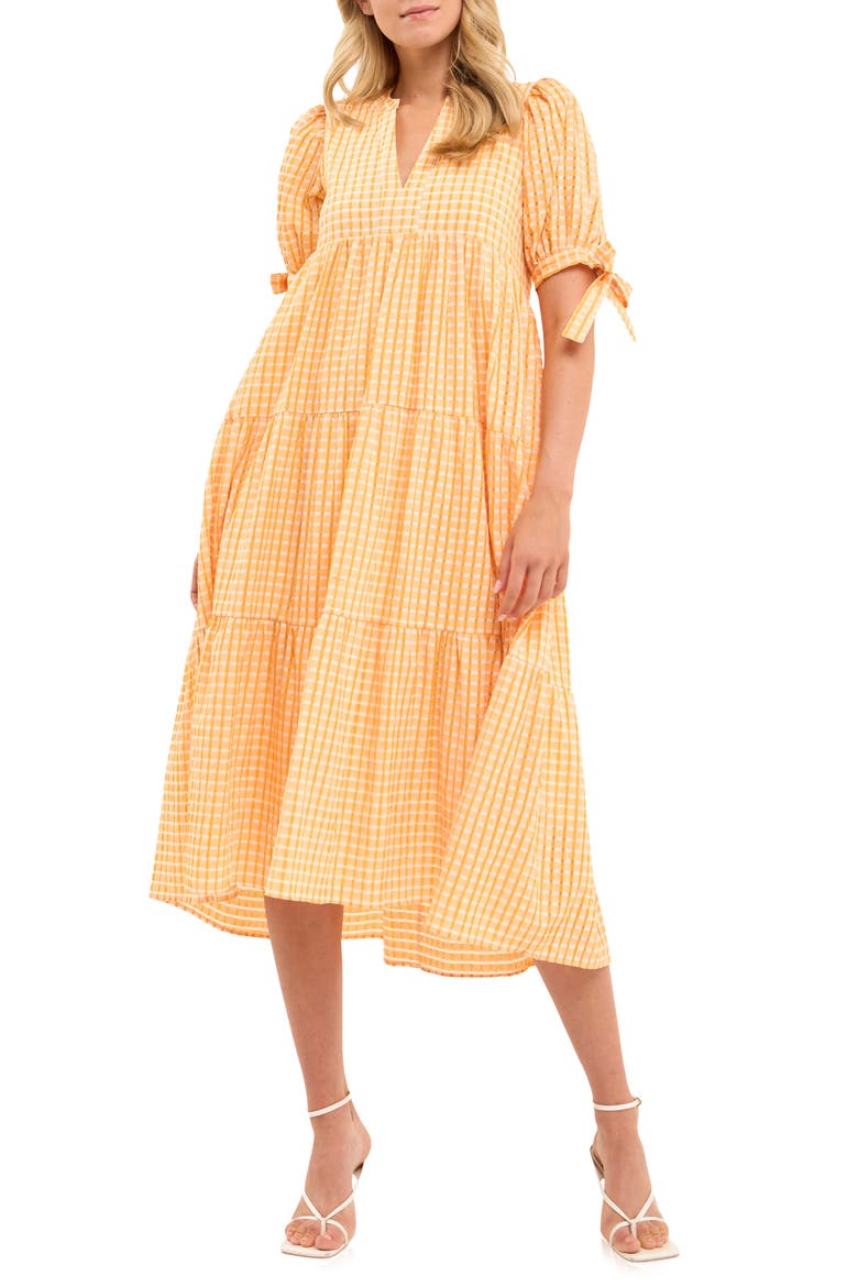 Gingham Tiered Midi Dress, Main, color, ORANGE