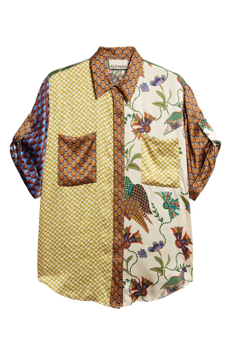 ALEMAIS Birdie Spliced Silk Button-Up Shirt, Alternate, color,