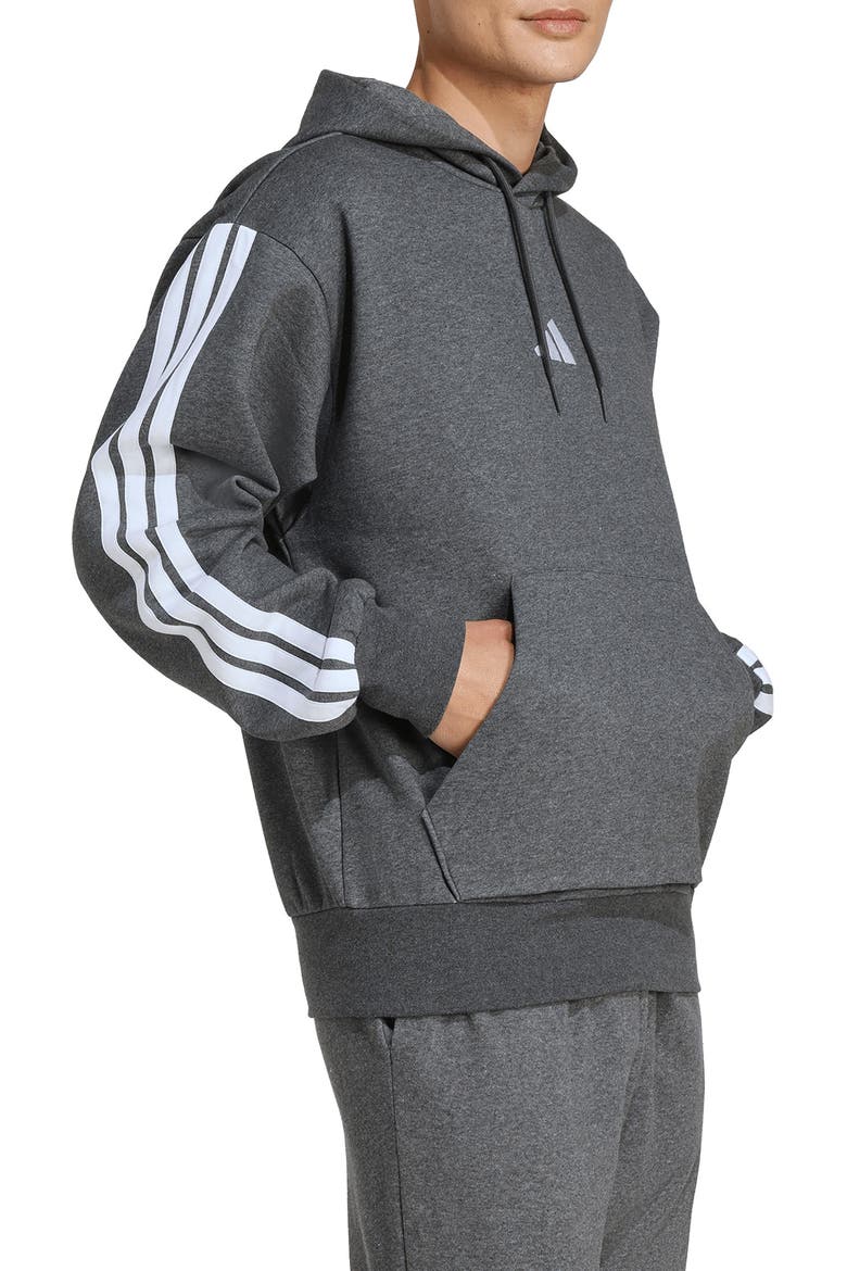 Essential 3-Stripes Fleece Hoodie, Alternate, color, DARK GREY HEATHER/ WHITE