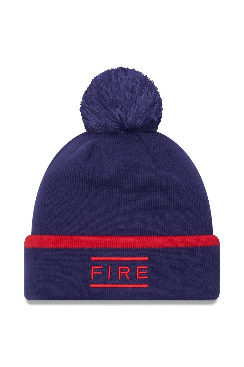 Men's New Era Navy Chicago Fire Wordmark Kick Off Cuffed Knit Hat with Pom, Alternate, color, Navy