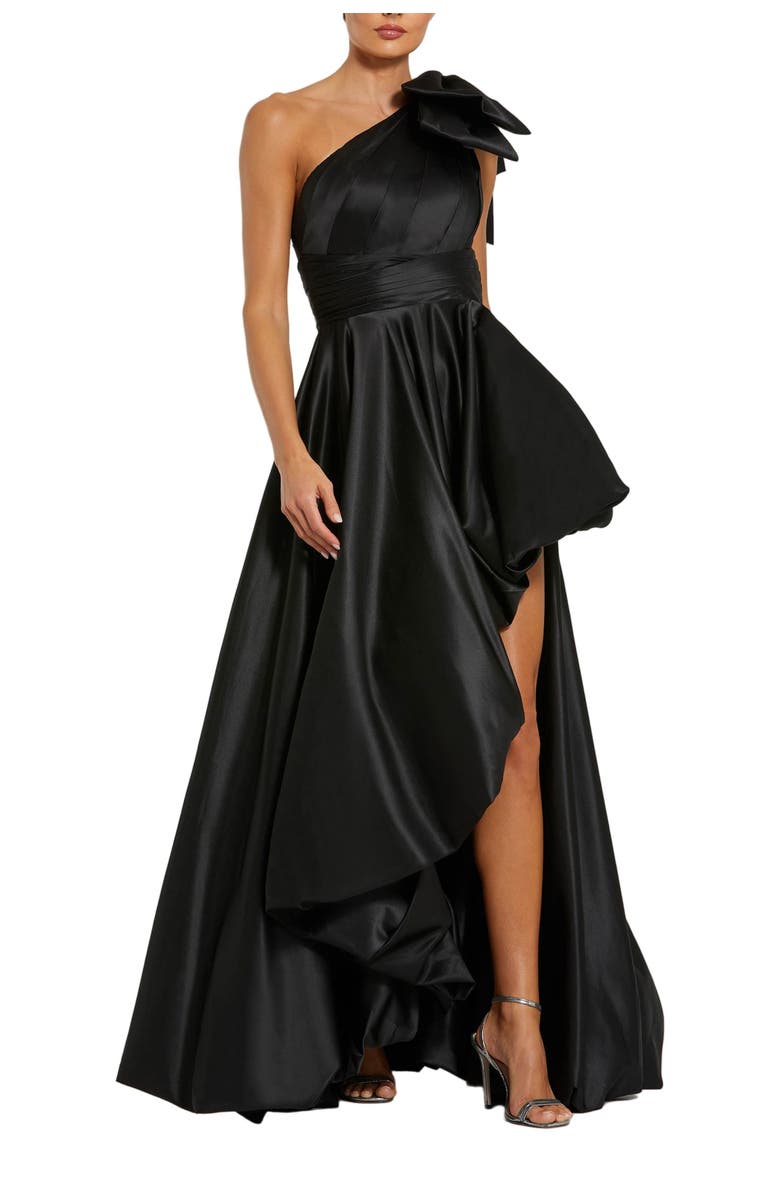 Mac Duggal Satin One Shoulder Bow Gown, Main, color, Black
