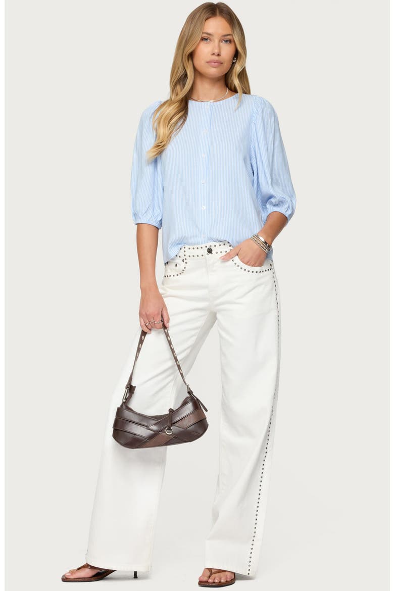 Crop Pinstripe Button-Up Shirt, Alternate, color, LIGHT-BLUE
