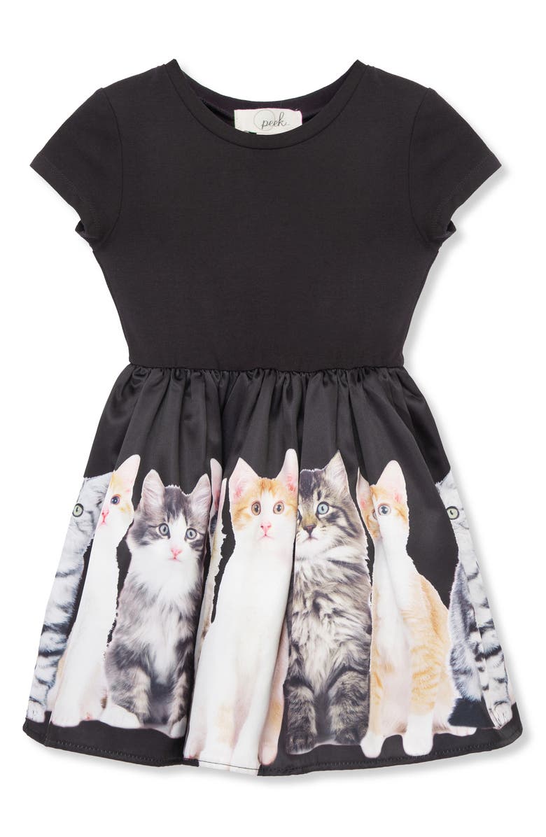 Peek Aren't You Curious Kids' Photoreal Kitten Fit & Flare Dress, Main, color, Black