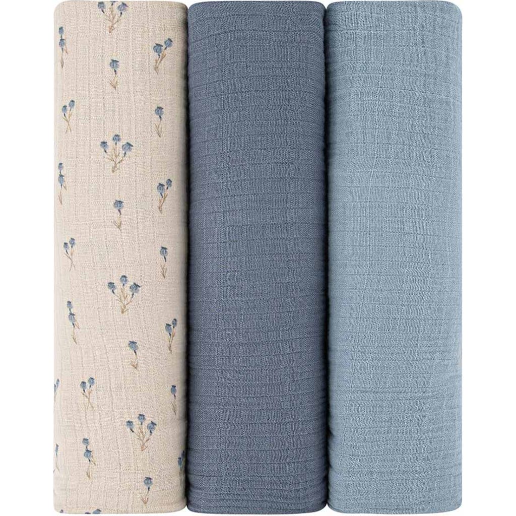 Swaddle Blanket Cotton Muslin 3 Pack In Blue Bluebell