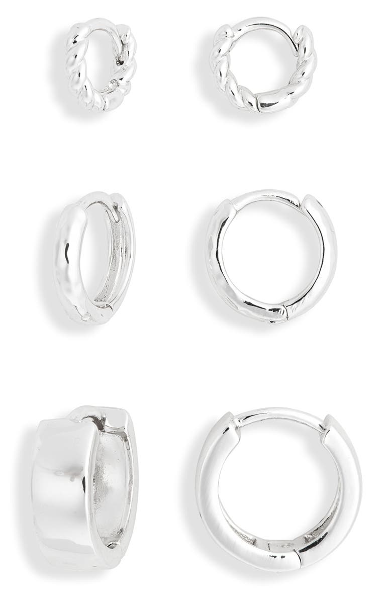 Demi Fine 3-Pack Huggie Hoop Earrings, Main, color, SILVER