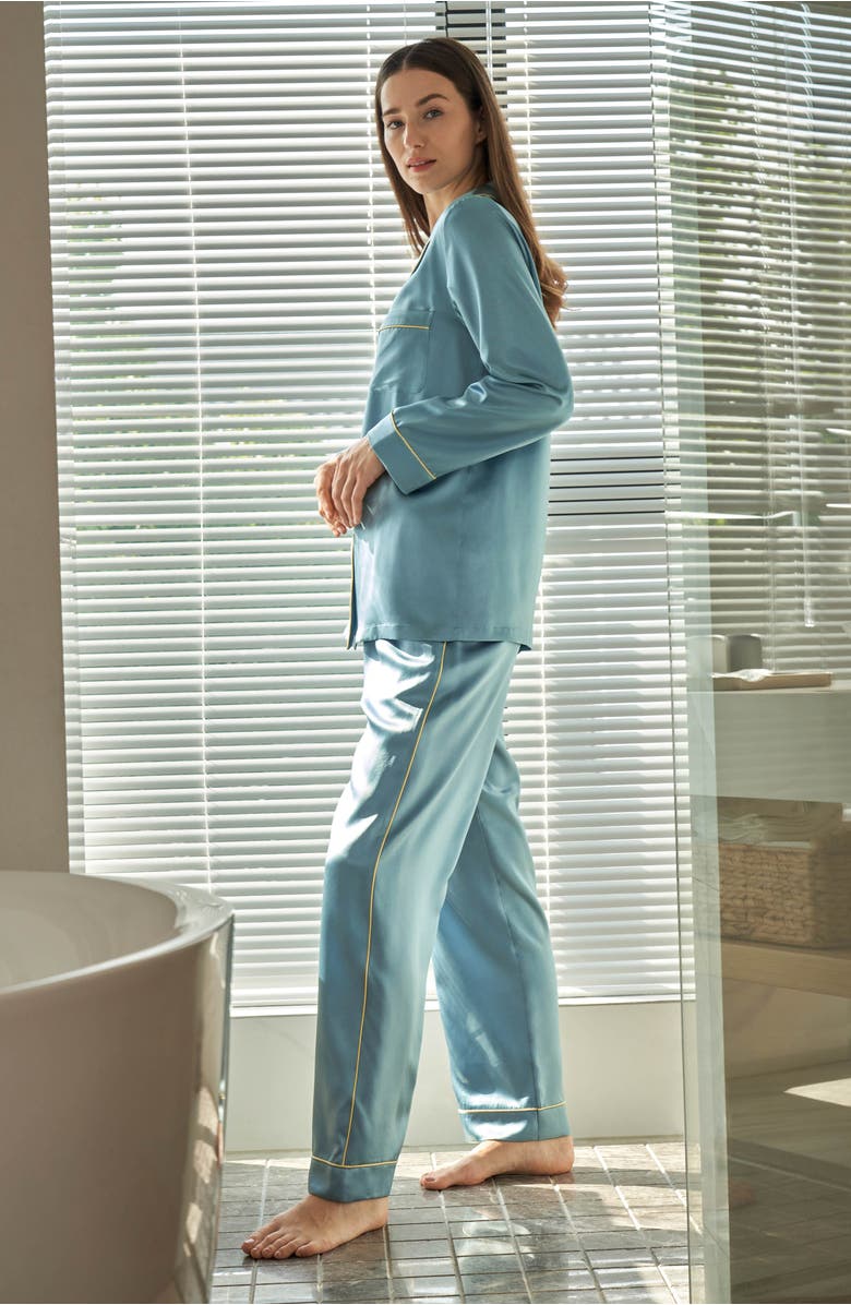 Lilysilk Gold Piping Silk Pajamas Set, Alternate, color, Blue Haze